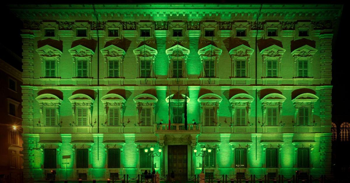 Facade of Palazzo Madama illuminated in green on the occasion of the 17th National ALS Day